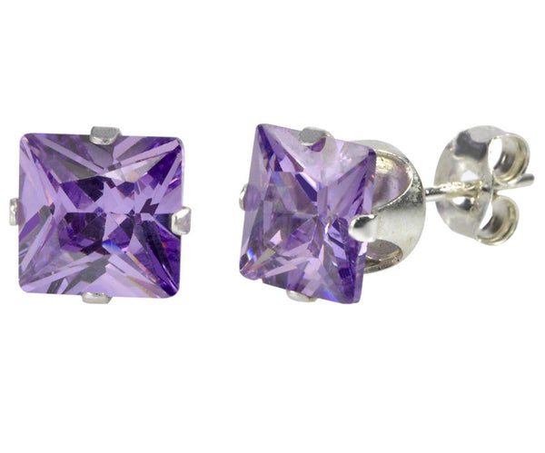 Sterling Silver Square Purple CZ Cubic Zironia Stud Earrings February Birthstone - Jewelryland.com