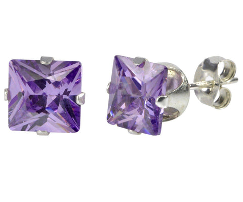 Sterling Silver Square Purple CZ Cubic Zironia Stud Earrings February Birthstone - Jewelryland.com