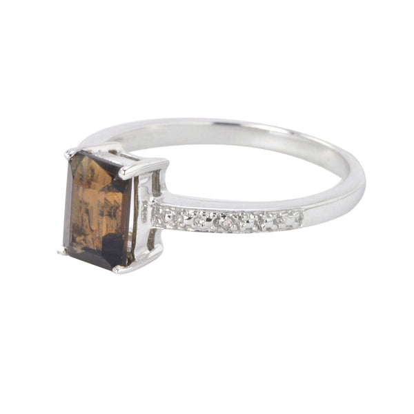 Sterling Silver .01ct Genuine Diamond Ring 7x5mm Smoky Quartz Rectangle Stone - Jewelryland.com