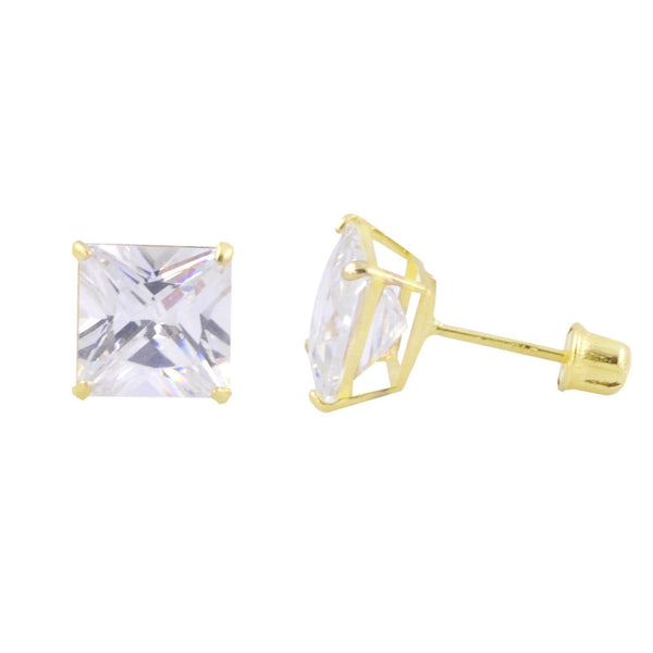 Square Princess Cut Clear CZ Stud Earrings Screwbacks 14k Yellow Gold BASKET Set - Jewelryland.com