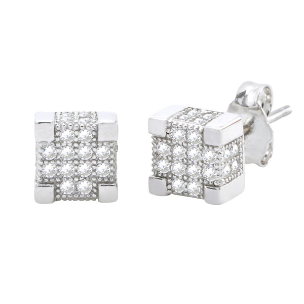 Sterling Silver Micropave Square Stud Earrings Clear Deep 3d Stones 7mm x 7mm - Jewelryland.com