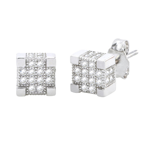 Sterling Silver Micropave Square Stud Earrings Clear Deep 3d Stones 7mm x 7mm - Jewelryland.com