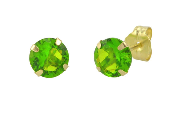 14k Yellow Gold Peridot Green Cubic Zirconia Stud Earrings Round Birthstone CZ - Jewelryland.com