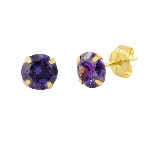 14k Yellow Gold Purple Amethyst Cubic Zirconia Stud Earrings Round Birthstone CZ - Jewelryland.com