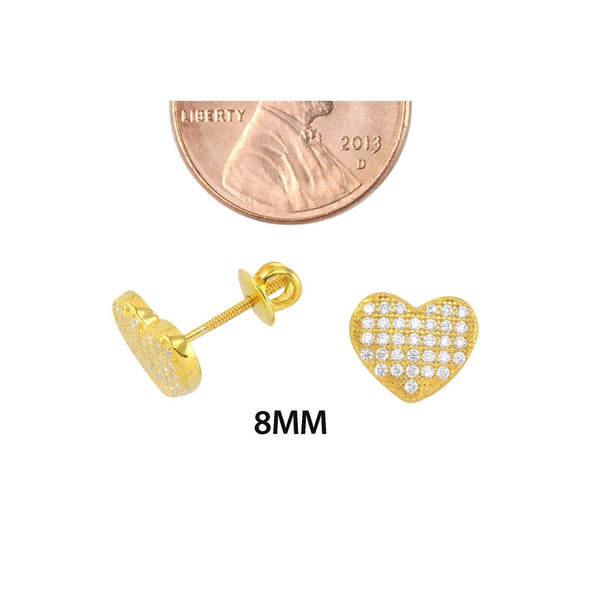 Heart Earrings Screwback Studs Sterling Silver Yellow Gold 8mm Micropave CZ - Jewelryland.com