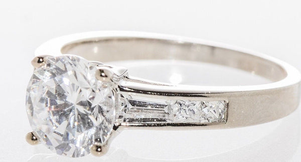 Cubic Zirconia Solitaire Ring 2ct Round CZ Baguettes Sterling Silver - Jewelryland.com