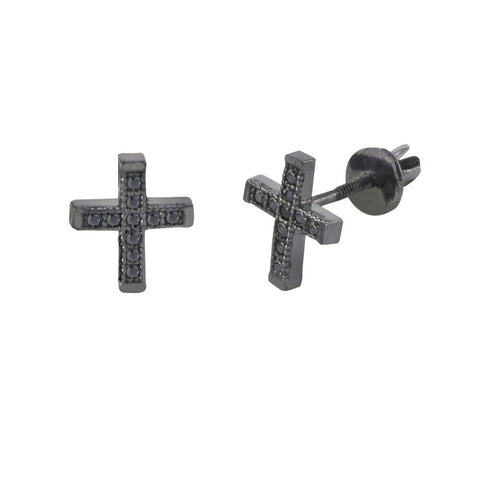Mini Cross Screwback Earrings Sterling Silver Pave Black CZ Cubic Zirconia 9mm - Jewelryland.com