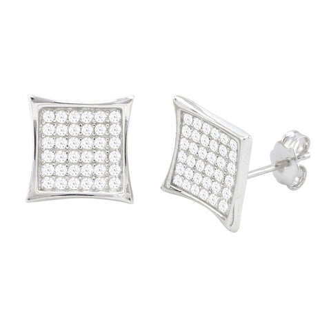 Sterling Silver Micropave Stud Earrings Lightweight Kite Shaped Clear CZ 12mm - Jewelryland.com