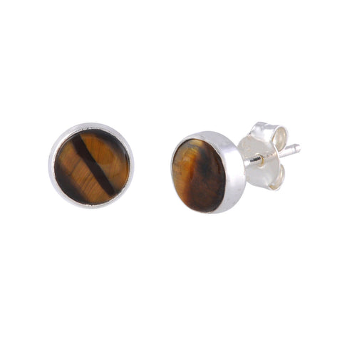 Sterling Silver Gemstone Earrings Tigers Eye 7mm Round - Jewelryland.com