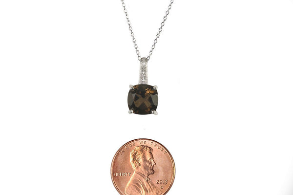 Sterling Silver Diamond & Smoky Quartz Necklace 8mm Square Gemstone, 18" Chain - Jewelryland.com