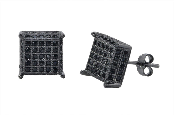 Sterling Silver Black CZ Micropave Stud Earrings 3d Square 9mm x 9mm - Jewelryland.com