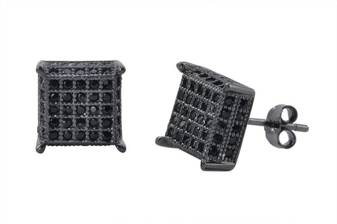 Sterling Silver Black CZ Micropave Stud Earrings 3d Square 9mm x 9mm - Jewelryland.com