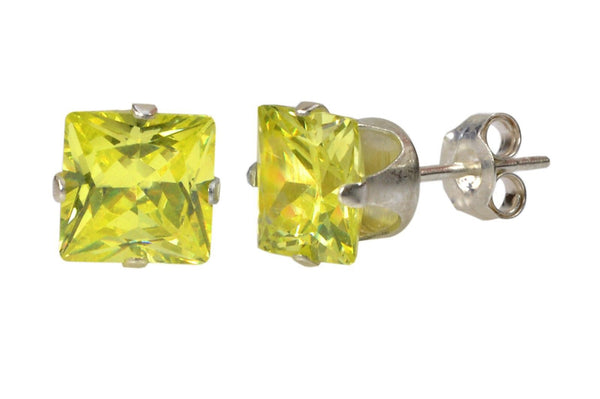 Square Peridot Cubic Zirconia Stud Earrings August Birthstone .925 Silver Prong - Jewelryland.com