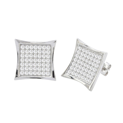 Sterling Silver Mens Pave Stud Earrings 14mm Lightweight Kite Shaped Clear CZ - Jewelryland.com