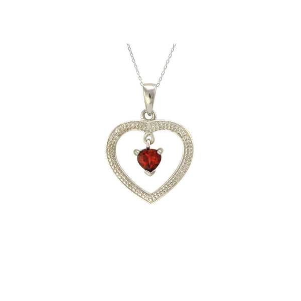 Sterling Silver Garnet and Diamond Open Heart Necklace (.01 cttw, I-J, I2-I3) - Jewelryland.com