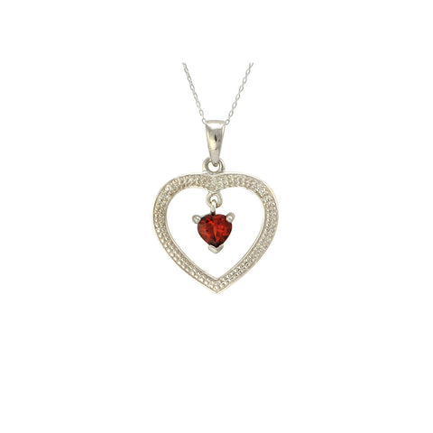 Sterling Silver Garnet and Diamond Open Heart Necklace (.01 cttw, I-J, I2-I3) - Jewelryland.com