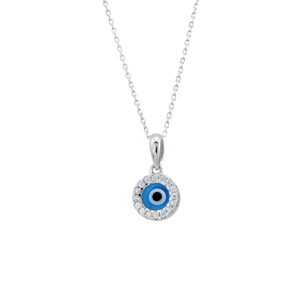 Sterling Silver Mini Evil Eye Pendant Necklace with CZ Cubic Zirconia - Jewelryland.com