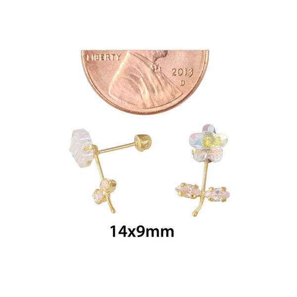 CZ Flower with Stem Stud Earrings 10k Yellow Gold with Screwbacks 14x9 - Jewelryland.com