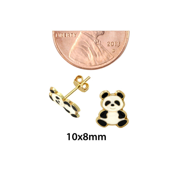 10k Yellow Gold Panda Bear Stud Earrings Hand Painted 10x8 - Jewelryland.com