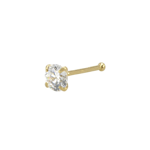 Nose Stud 22G 14k Yellow Gold 3 mm Round Cubic Zirconia Nose Bone Prong Set - Jewelryland.com