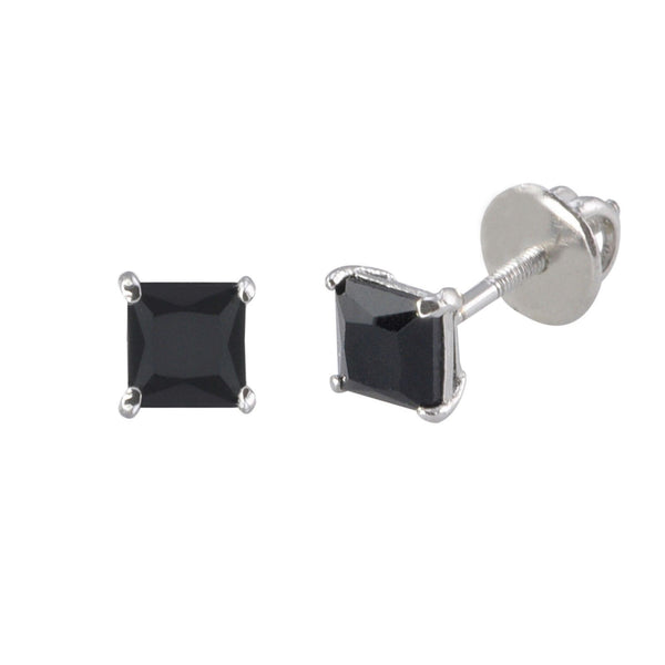 Sterling Silver Screwback Earrings Black CZ Studs Square Princess Cut Basket Set - Jewelryland.com