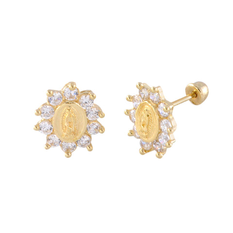 Virgin of Guadalupe White CZ Stud Earrings 10k Yellow Gold Screwbacks - Jewelryland.com