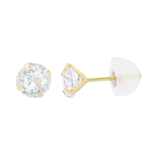 10k Yellow Gold Clear CZ Cubic Zirconia Stud Earrings Round Prong Silicone Backs - Jewelryland.com