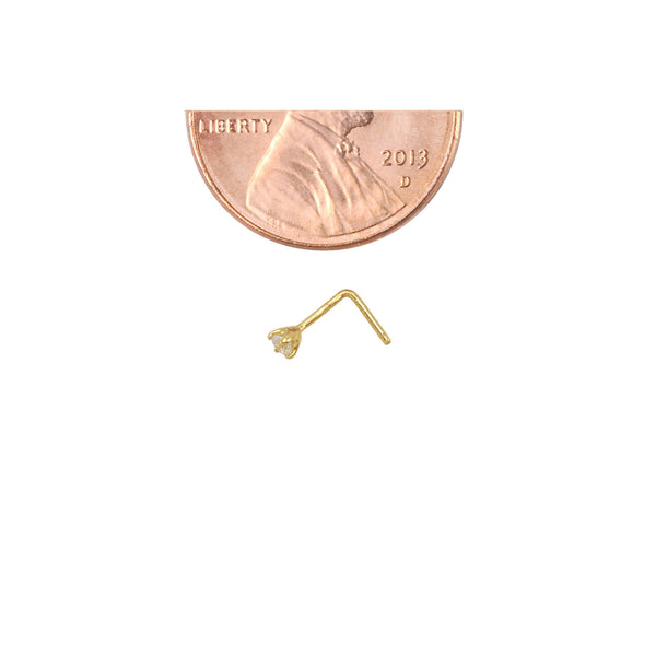 Nose Stud 22G 14k Yellow Gold 2mm Clear CZ L Shaped Bent Nose Pin Deep Setting - Jewelryland.com