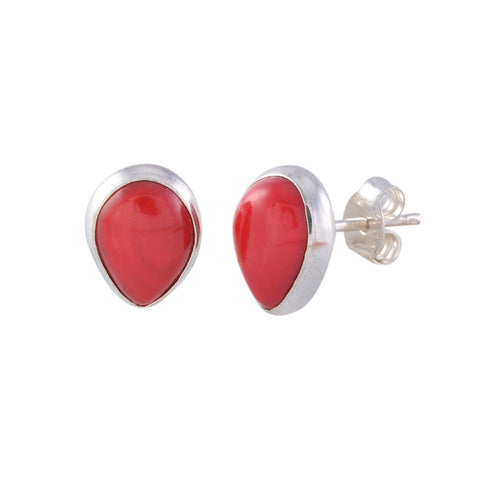 Sterling Silver Red Coral Gemstone Earrings Pear Shaped 9mm x 7mm - Jewelryland.com