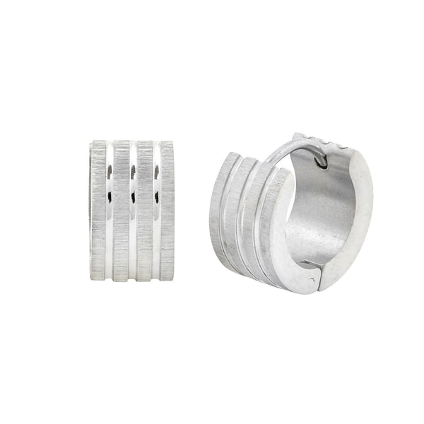 Stainless Steel Huggie Hinged Hoop Earrings 14mm High Polish 3-Line Design - Jewelryland.com