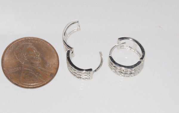 Small Huggie Earrings CZ Cubic Zirconia 3 Row .925 Sterling Silver 12mm x 7mm - Jewelryland.com