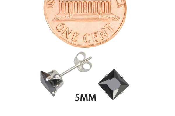 Black Square Cubic Zirconia Stud Earrings CZ Prong Set 925 Sterling Silver - Jewelryland.com
