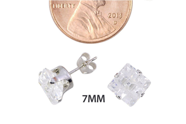 Invisible Cut Square Clear CZ Stud Earrings Sterling Silver Cubic Zirconia - Jewelryland.com