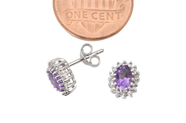 Amethyst & Diamond Stud Earrings Oval .03 ct, I-J, I2 925 Sterling Silver - Jewelryland.com