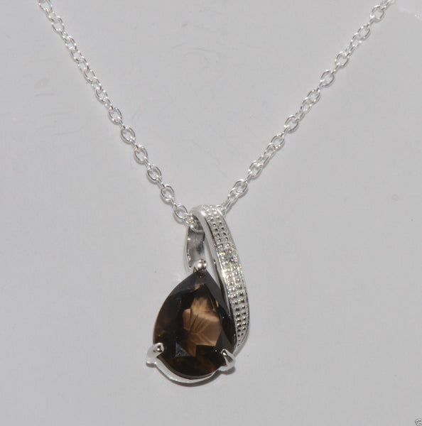 Sterling Silver Diamond (.0033ct) and Smoky Quartz (1.6ct) Necklace 18" chain - Jewelryland.com