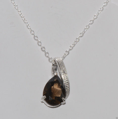 Sterling Silver Diamond (.0033ct) and Smoky Quartz (1.6ct) Necklace 18" chain - Jewelryland.com