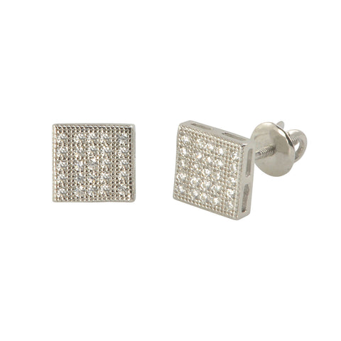 Sterling Silver Screw Back Earrings Pave Cubic Zirconia CZ Studs 7mm Square - Jewelryland.com