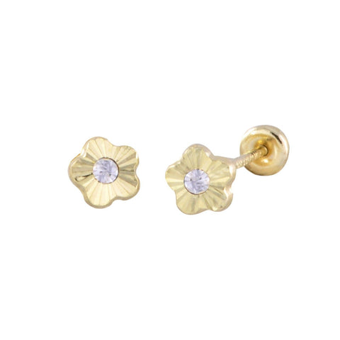 Flower Earrings 10k Yellow Gold Studs Screwback 4mm Laser Cut Design CZ - Jewelryland.com