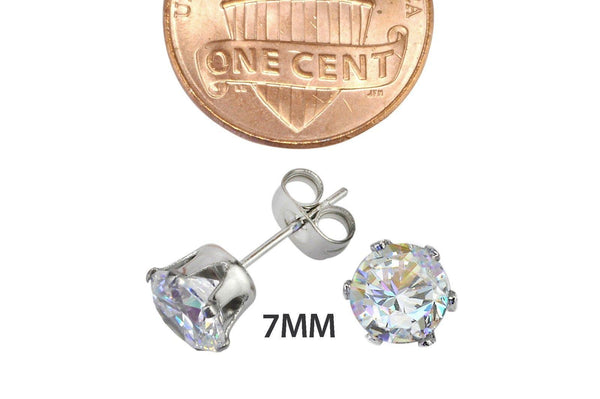 Stainless Steel Earrings White Round CZ Studs Prong Setting 2mm-10mm - Jewelryland.com