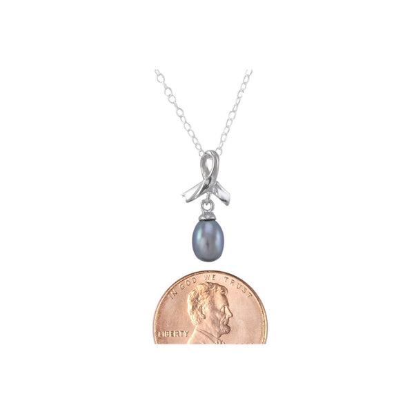 Breast Cancer Ribbon Design Black Freshwater Pearl Necklace Sterling Silver, 18" - Jewelryland.com