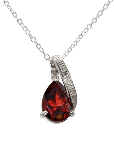 Sterling Silver Diamond (.0033 ct) and Garnet (2ct) Teardrop Necklace 18" chain - Jewelryland.com