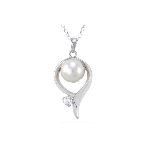 Sterling Silver White Freshwater Pearl Necklace High Polish Single CZ, 18" Chain - Jewelryland.com