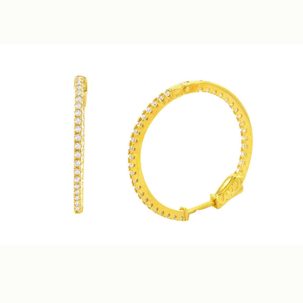 Cubic Zirconia Hoop Earrings CZ Yellow Gold Plated 29mm Push Latch Lock - Jewelryland.com