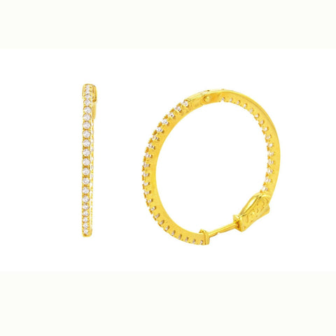 Cubic Zirconia Hoop Earrings CZ Yellow Gold Plated 29mm Push Latch Lock - Jewelryland.com