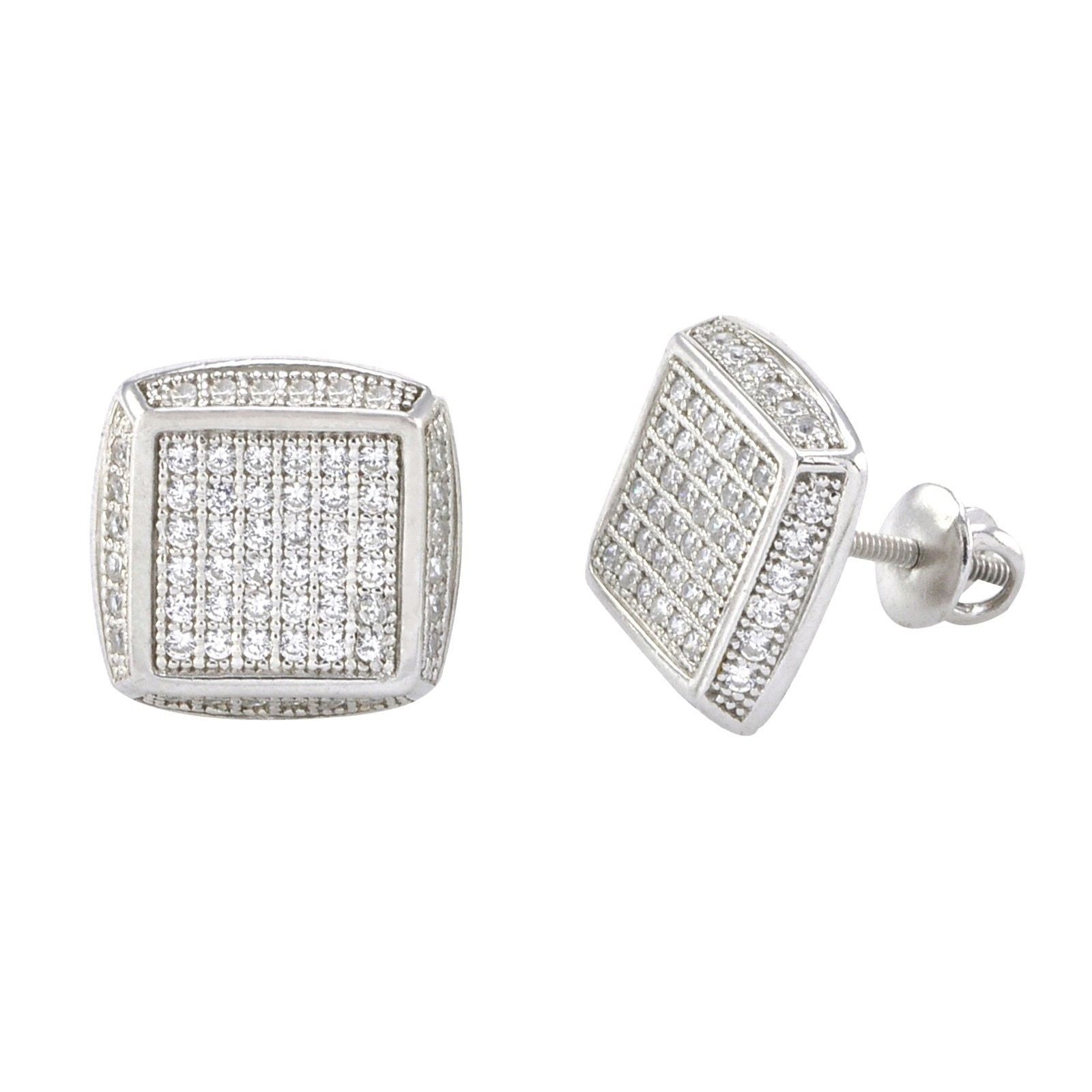 Sterling Silver Stud Earrings Clear Micropave 3d Square 4 Corner Accen ...