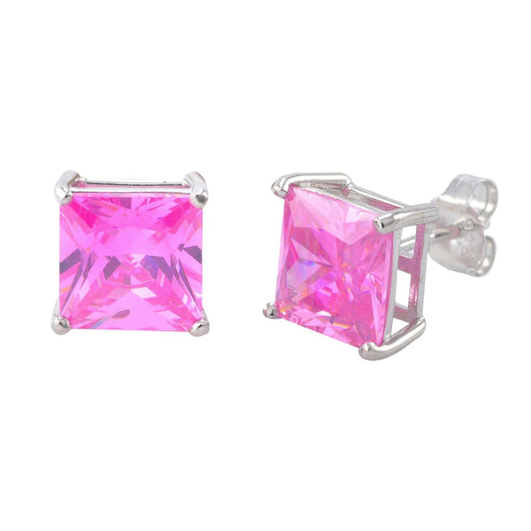 Square Pink CZ October Birthstone Stud Earrings .925 Sterling Silver Basket Set - Jewelryland.com
