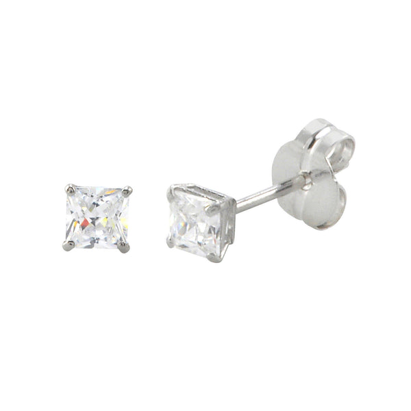 10k White Gold Square Stud Earrings Clear CZ Cubic Zirconia Princess Cut Basket - Jewelryland.com