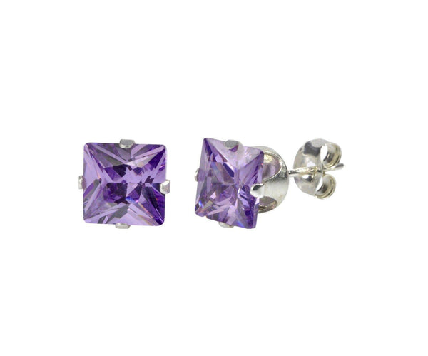 Sterling Silver Square Purple CZ Cubic Zironia Stud Earrings February Birthstone - Jewelryland.com