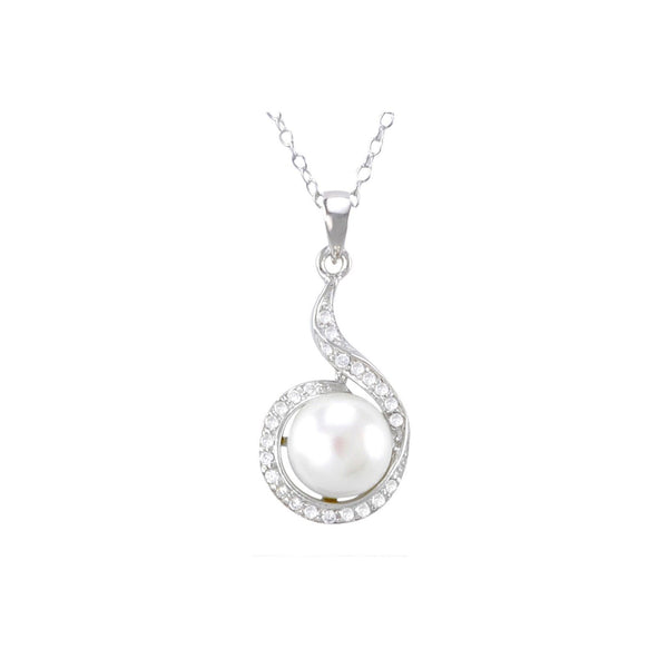 Sterling Silver White Pearl Necklace Elegant CZ Wraparound Design, 18" Chain - Jewelryland.com