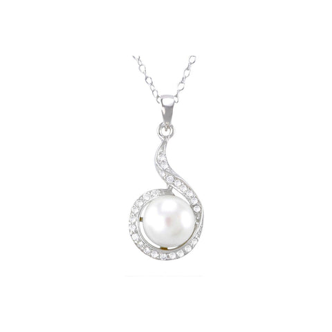 Sterling Silver White Pearl Necklace Elegant CZ Wraparound Design, 18" Chain - Jewelryland.com